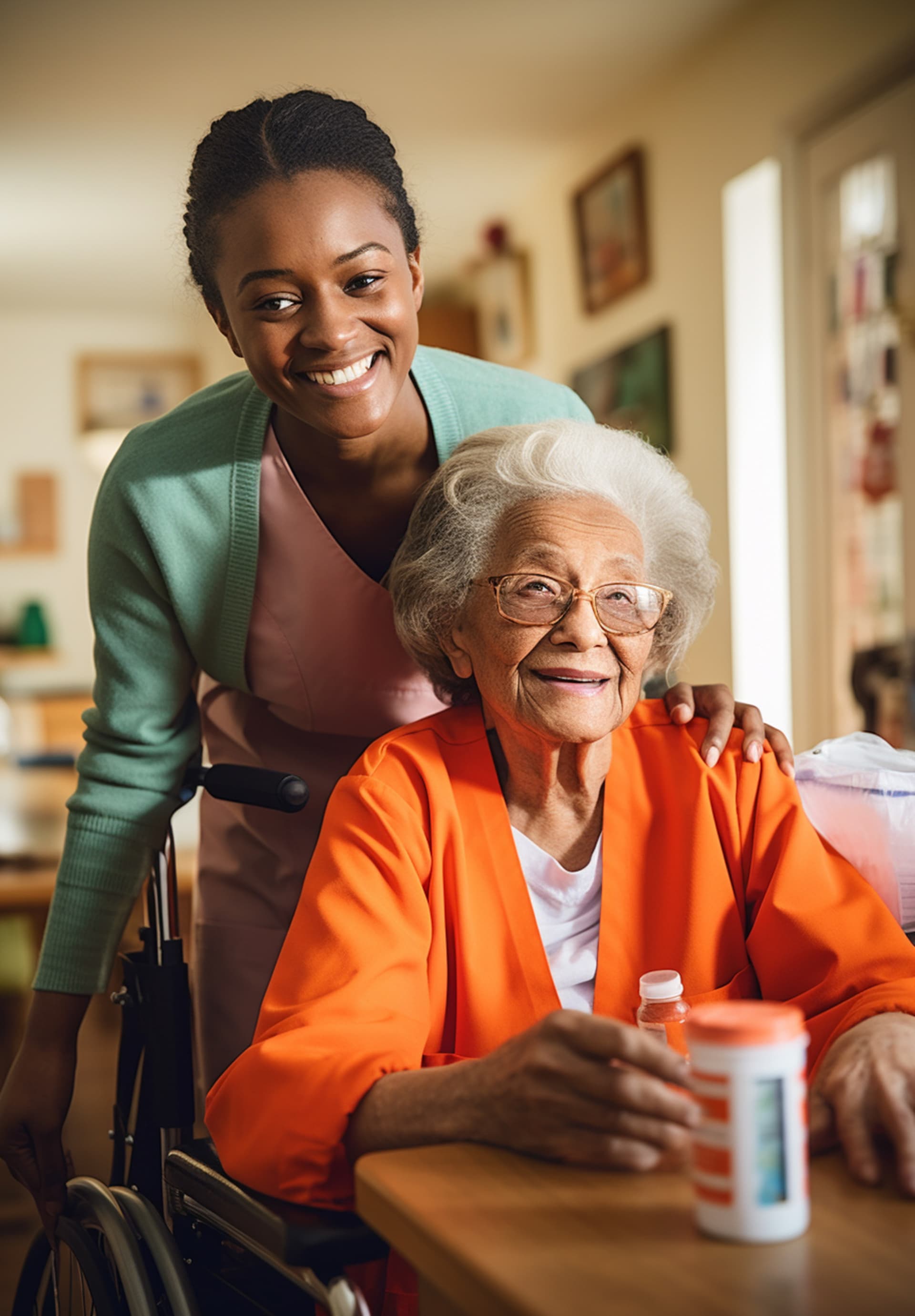 Senior care - Healthcare worker helping elderly man with reading