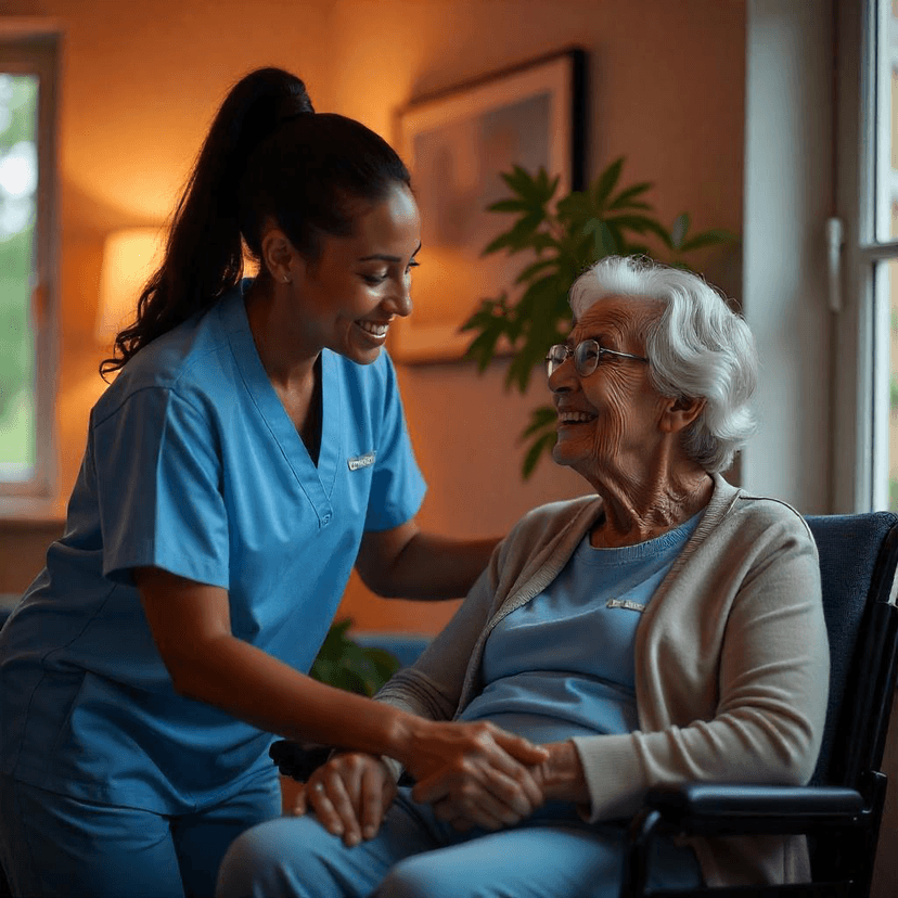 Elderly woman with walking cane and caregiver